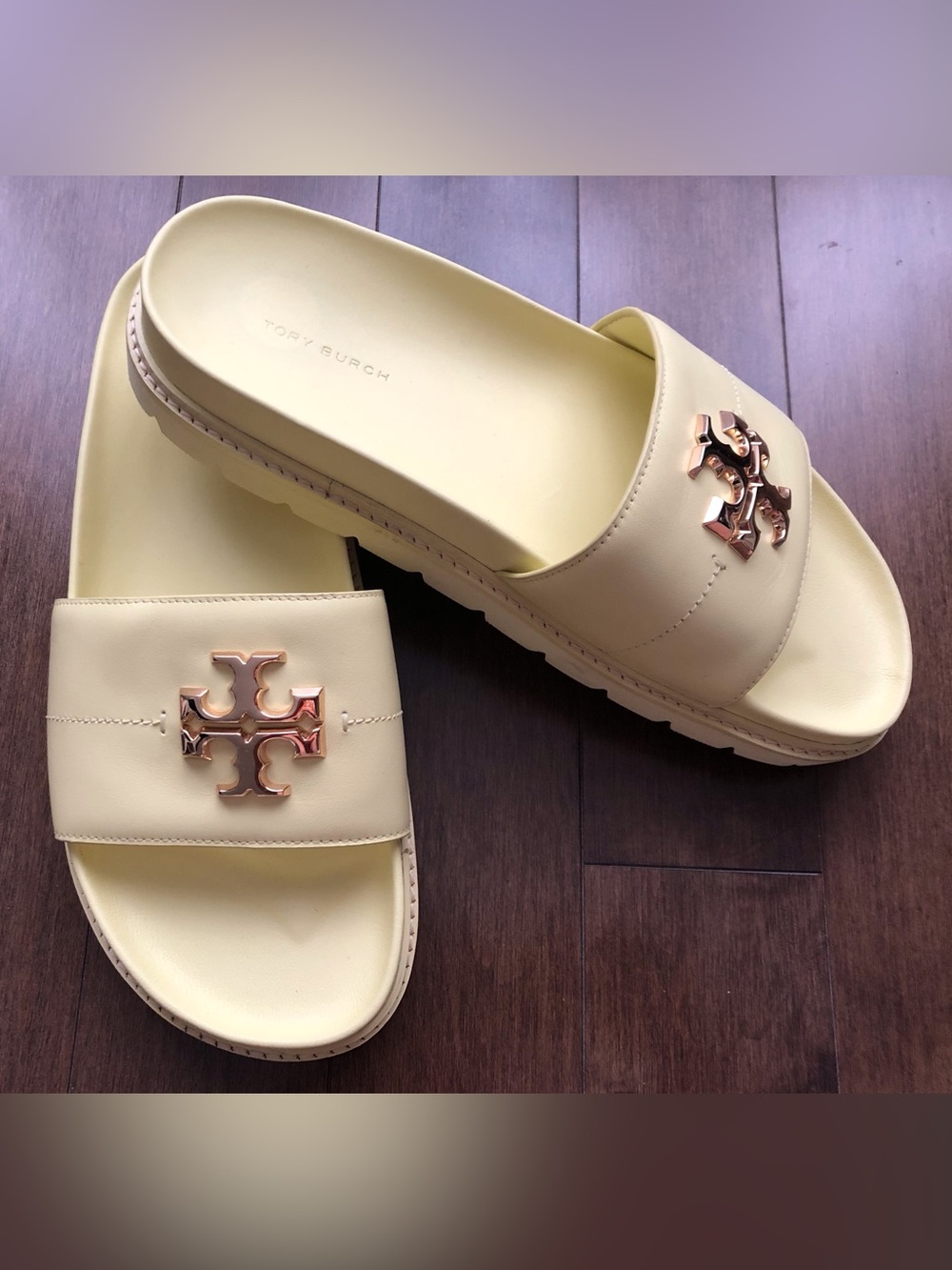 Tory Burch Anatomic Lug Nappa Leather Slide Sandals with Gold Hardware